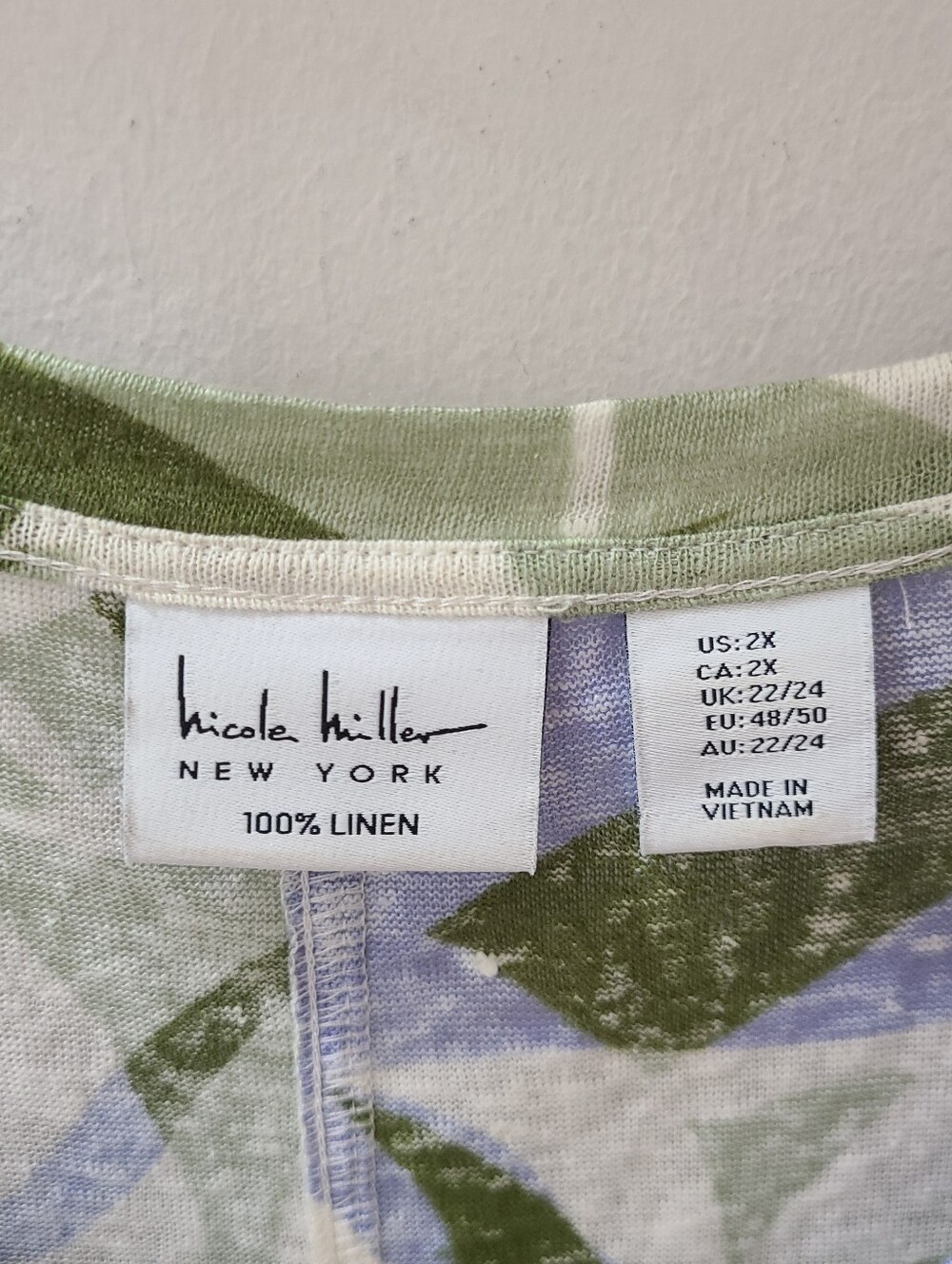 Nicole Miller NY 100% Linen Blue Green & White Print V-neck Tunic Top Sz 2X - Picture 5 of 9